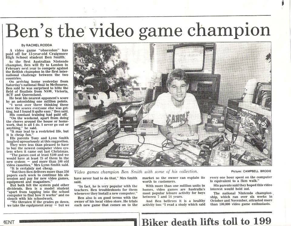 Newspaper article titled Ben's the video game champion.