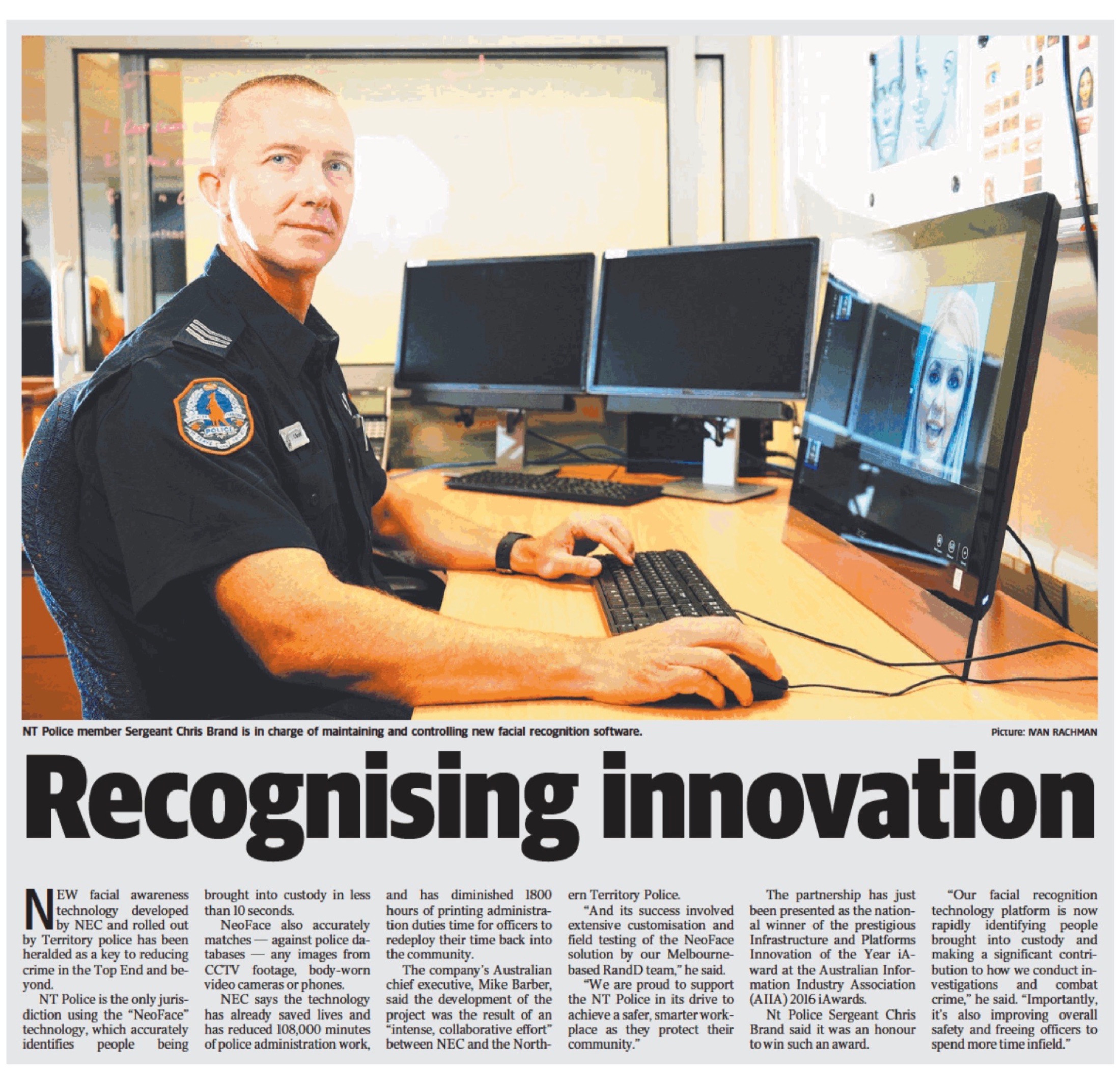 Newspaper article titled Recognising innovation about NEC and NT Police facial recognition technology.